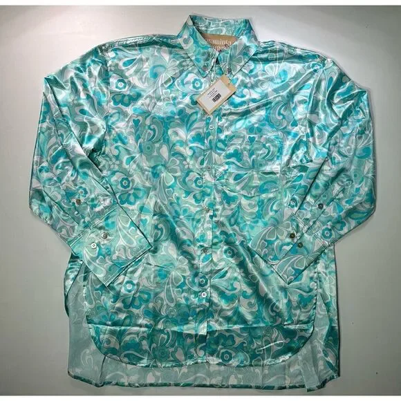 NWT Araminta James La Mer‎ Silky Shirt Blue Collared Long Sleeve Womens Medium